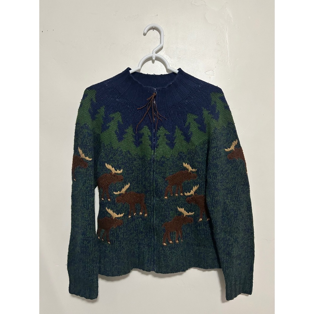 Bellepointe Vintage Moose Forest Knit Cardigan Sweater Navy Green Ramie Wool M